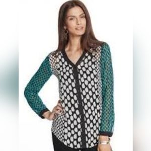 Chico's size 1 black, white, green animal print sheer button-up blouse.